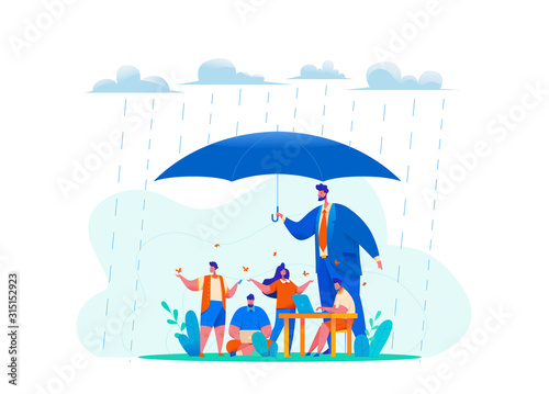 Big CEO boss hold huge umbrella in rain. metaphor