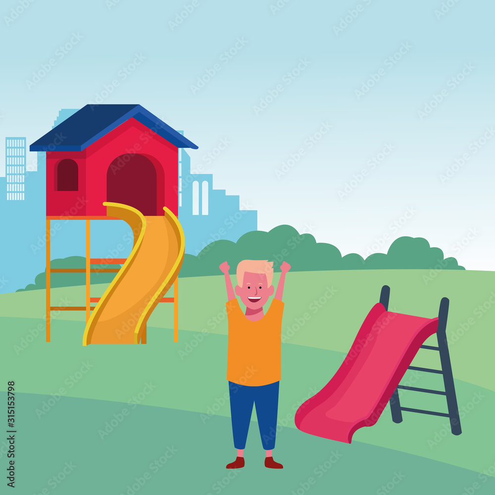 kids zone, happy boy hands up with slides playground