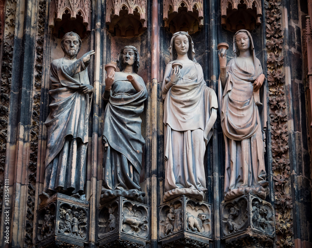 Details of the Strasbourg Cathedral. Architectural and sculptural elements of the facade and tower.