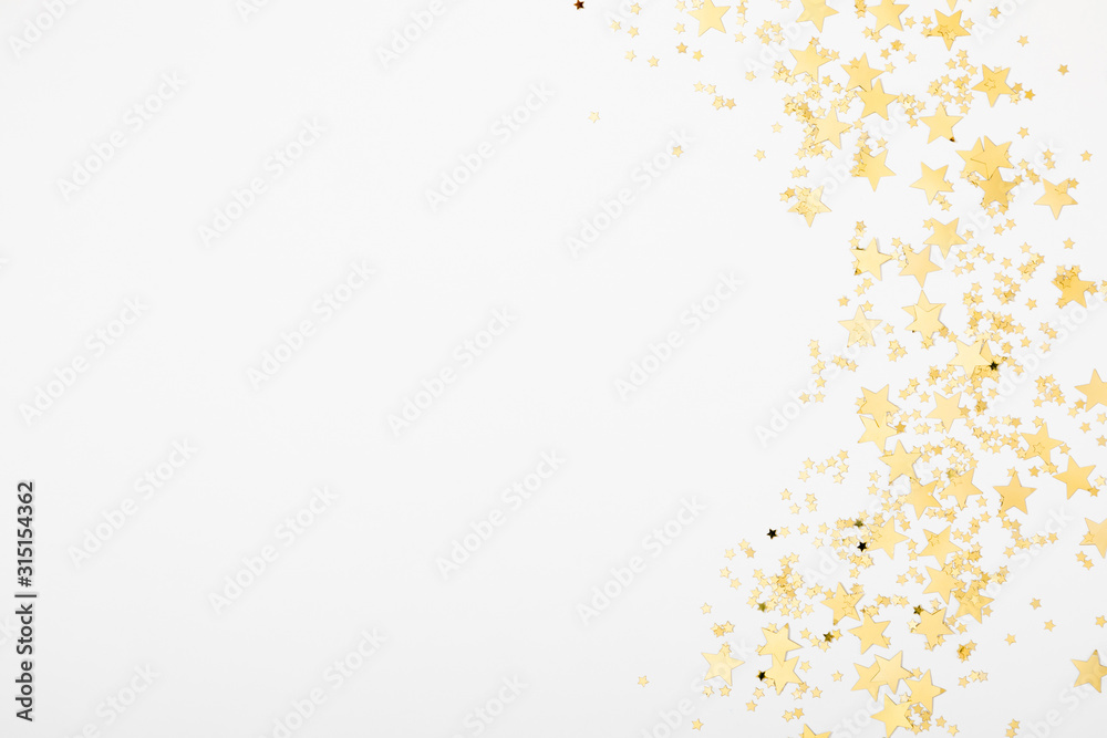 Festive background. Shining stars on white background. Christmas. Wedding. Birthday. Happy woman's day. Mothers Day. Valentine's Day. Flat lay, top view, copy space