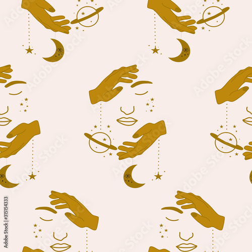 half woman facr, golden hands and celestial elements in a seamless pattern design