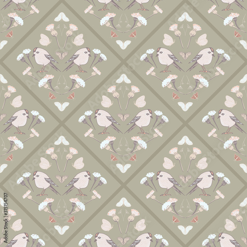 Vector Flower and Birds Composition with Geometry in Pastel Colors seamless pattern background.