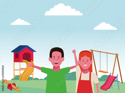 kids zone, happy boy and girl with swing slide and seesaw playground