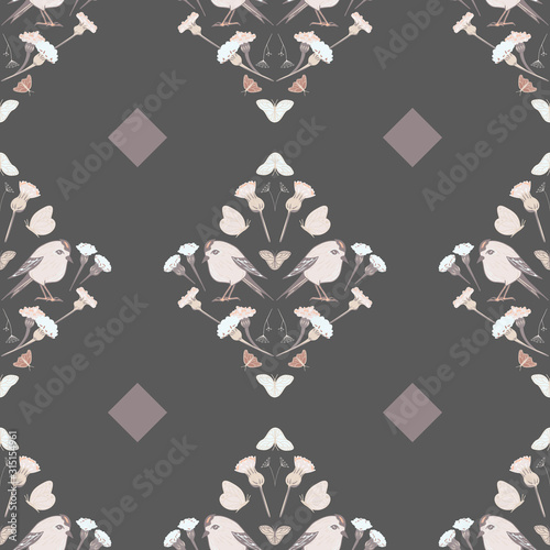 Vector Flower and Birds Composition with Geometry on Dark seamless pattern background.