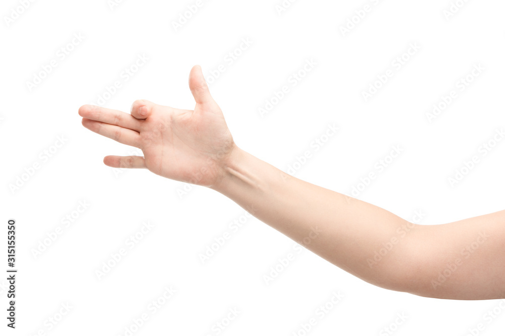 cropped view of woman showing dog head gesture isolated on white cropped view of woman showing dog head gesture isolated on white