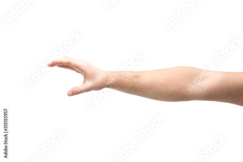 cropped view of man showing hold gesture isolated on white