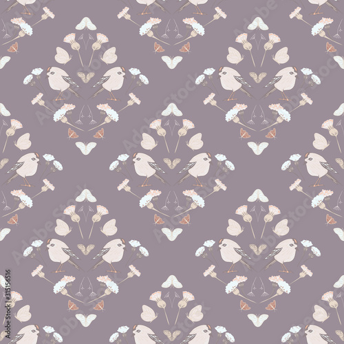 Vector Flower and Birds Composition in Soft Pastel Colors seamless pattern background.