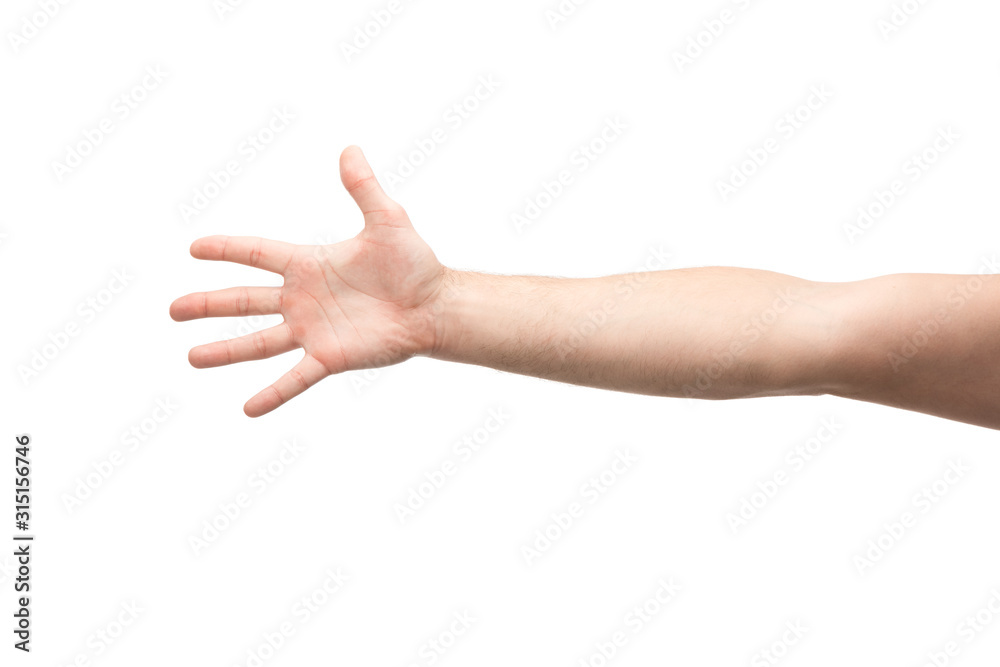 cropped view of man showing five fingers gesture isolated on white cropped view of man showing five fingers gesture isolated on white