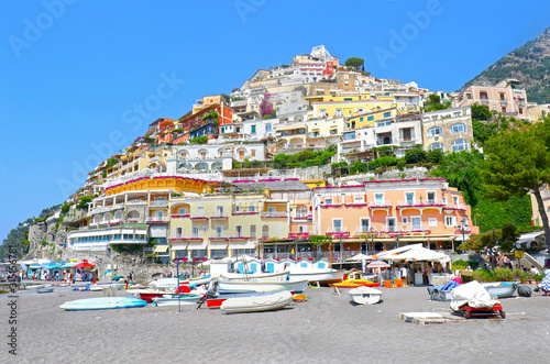 View of the picturesque town of Positano on Italy's Amalfi Coast.  Unrecognizable Tourists. © birdiegal