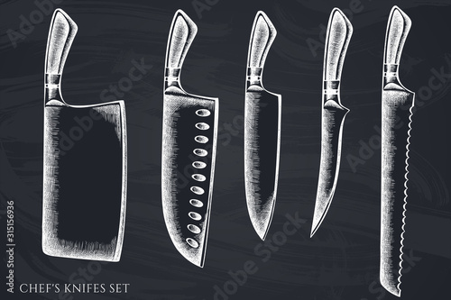 Vector set of hand drawn chalk Chef's knifes