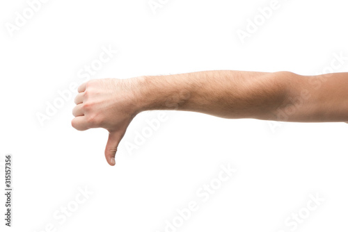 cropped view of man showing dislike isolated on white