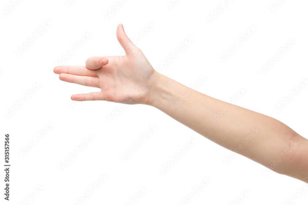 cropped view of woman showing dog head gesture isolated on white cropped view of woman showing dog head gesture isolated on white