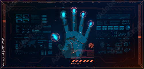 Biometric recognition technology on the palm of a hand, fingerprint and face of a person. Vector illustration Technology artificial intelligence. Fingerprint scanning identification system. HUD style