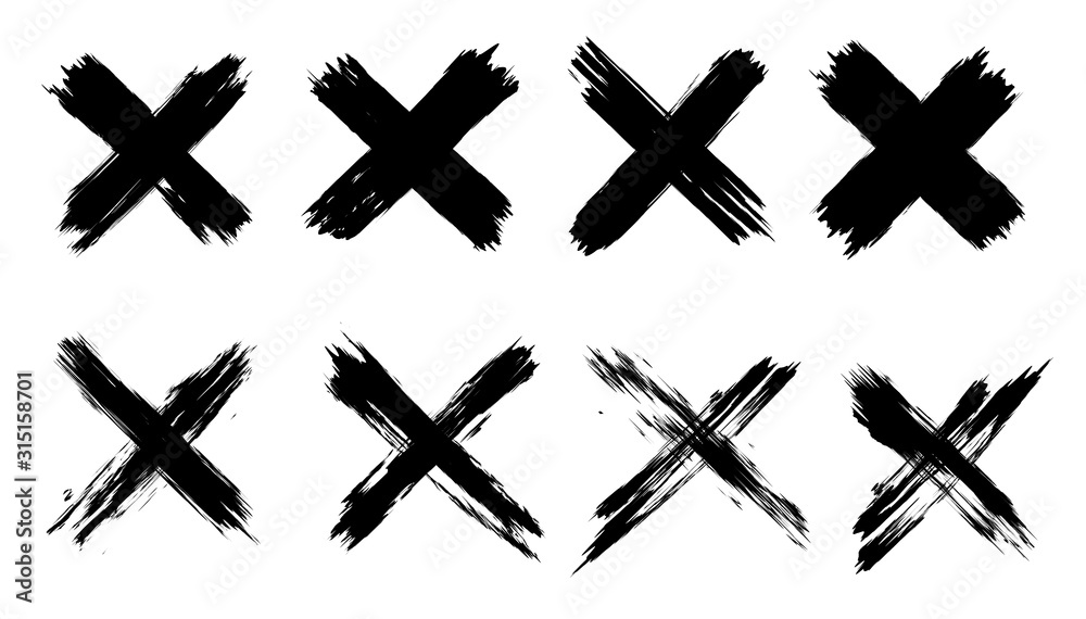 X black mark set. 8 highly detailed and different crosses. Hand drawn crossed brush strokes. Cross sign graphic symbol. High quality manually traced. Vector X mark set
