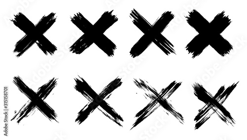 X black mark set. 8 highly detailed and different crosses. Hand drawn crossed brush strokes. Cross sign graphic symbol. High quality manually traced. Vector X mark set