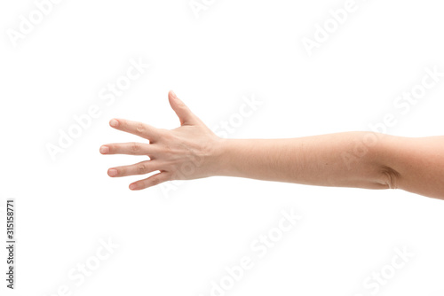 cropped view of woman with outstretched hand isolated on white