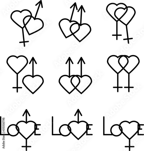 set of sex signs couple heterosexual and homosexual and inscription love with signs of Venus and Mars with heart. Male and female sex line icon