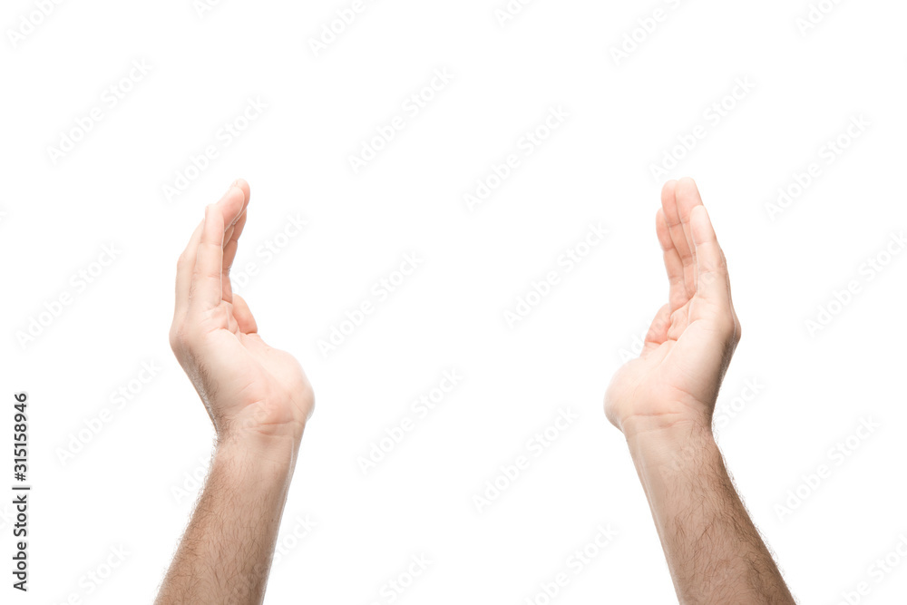 cropped view of man with outstretched hands isolated on white cropped view of man with outstretched hands isolated on white
