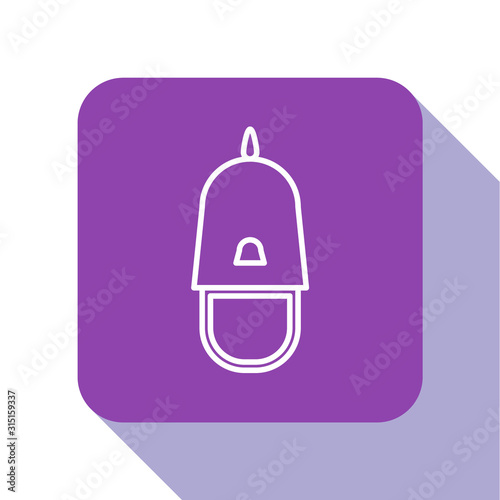 White line Police cap with cockade icon isolated on white background. Police hat sign. Purple square button. Vector Illustration