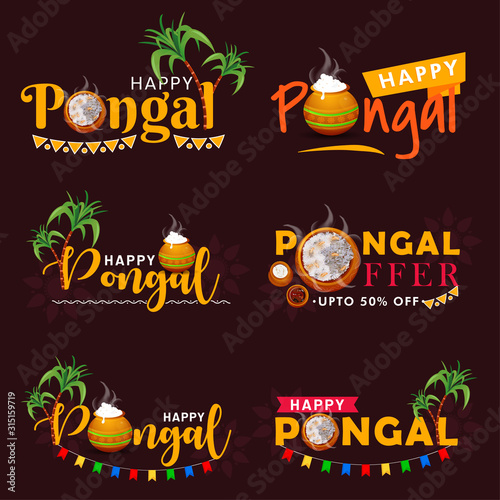 Happy Pongal. Vector illustration badges set on festival of south indians. Beautiful realistic Pongal elements like: Rice, Sugarcane and etc.