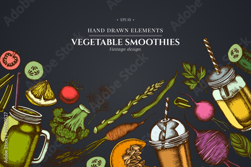 Design on dark background with lemons, broccoli, radish, green beans, cherry tomatoes, beet, greenery, carrot, basil, pumpkin, smoothie cup, smothie jars, cucumber, celery