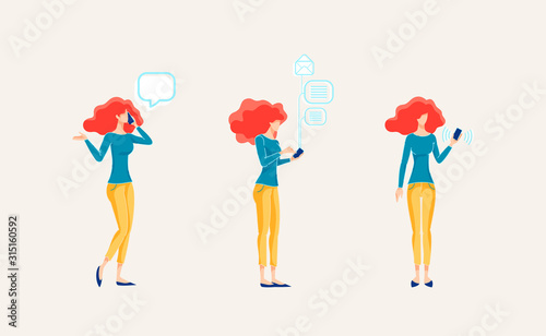 Woman Uses Mobile Phone for Business Conversations Girl Holds the Cellphone in her Hand and Checks the Email Office Worker Answering Calls Flat Vector Illustration