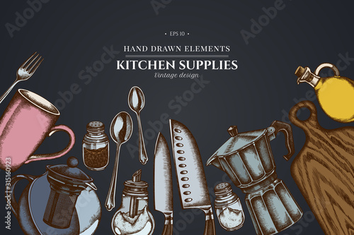 Design on dark background with Chef's knifes, teaspoon, spoon, fork, knife, cutting board, bottle of oil, teapots, coffee pot, cups, sugar bowl, pepper shaker, salt shaker