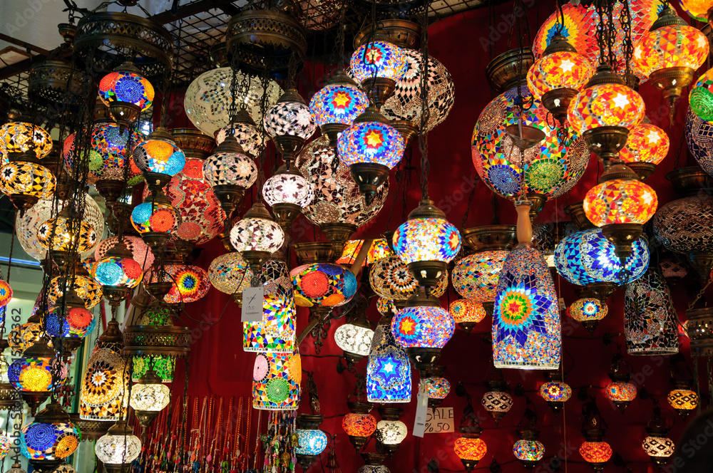 Traditional Turkish mosaic lamps in the street market of Istanbul.