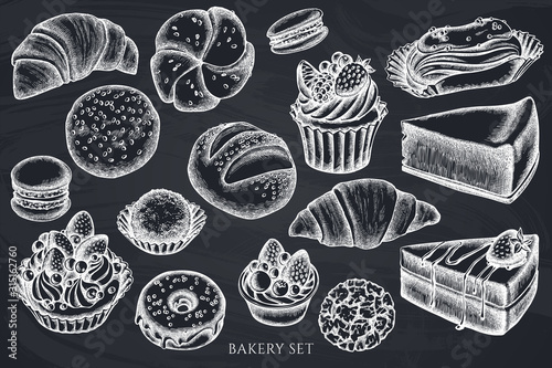 Vector set of hand drawn chalk macaron, buns and bread, croissants and bread, cheesecake, eclair, cupcake, cake, donut, cookie, truffle, cake, tartlet