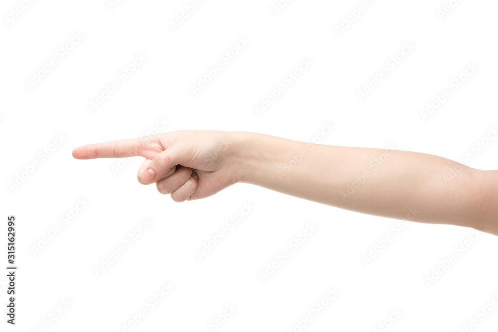 cropped view of woman pointing with finger isolated on white cropped view of woman pointing with finger isolated on white