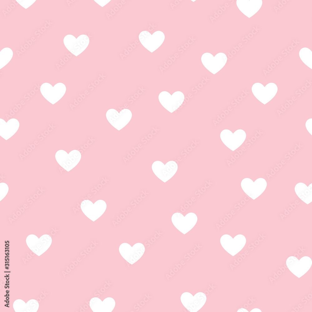 Cute white hearts on pink background. Seamless repeat pattern, perfect for valentines day invitation, cards and wallpaper, flyer or wedding designs. Vector illustration.