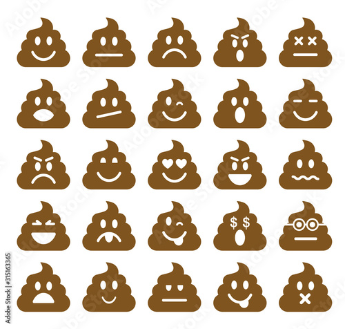 Set of cartoon flat style shit Emoticons. Poop Emoji icon collection. Vector illustration image. Isolated on white background.