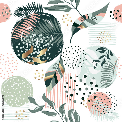 Seamless exotic pattern with tropical plants and gold glitter elements. Vector