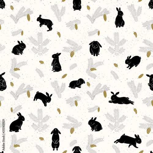 Seamless pattern with fir branches and cones, forest black rabbits. Cute cartoon children drawing.