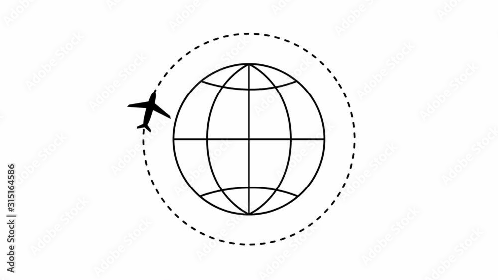 the plane flies along a trajectory. Planet earth with plane around. Flat illustration on a white background. Airplane travel. the plane flies along a trajectory. Planet earth with plane around. Flat illustration on a white background. Airplane travel.
