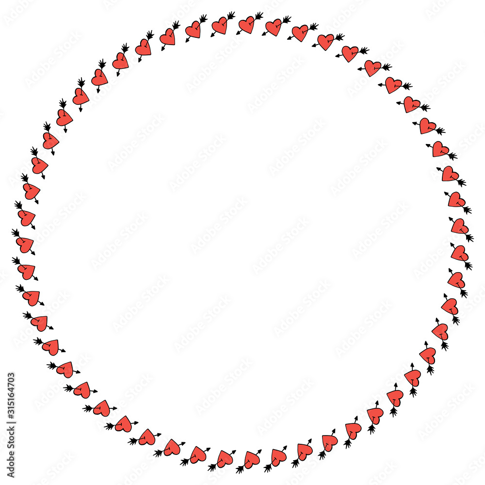 Round frame with a heart pierced by an arrow, meaning love. Isolated frame on white background for your design. Round frame with a heart pierced by an arrow, meaning love. Isolated frame on white background for your design.