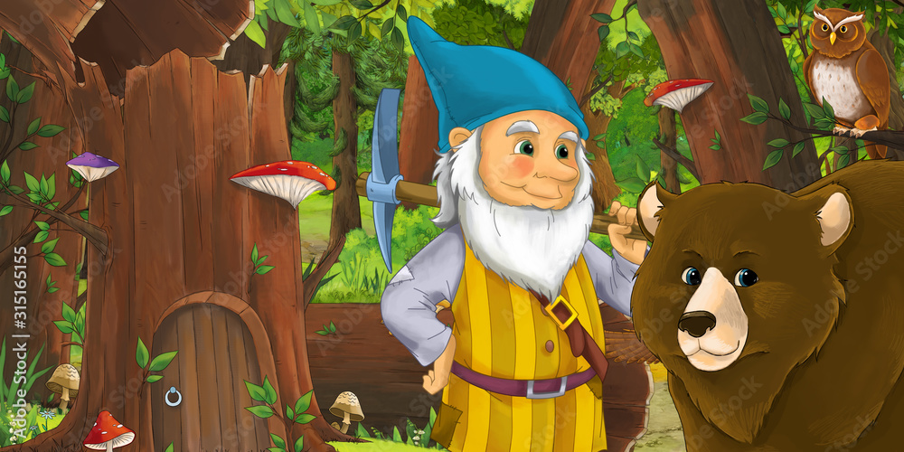 cartoon scene with happy dwarf in the forest near some house in the old tree and near some owls birds - illustration for children cartoon scene with happy dwarf in the forest near some house in the old tree and near some owls birds - illustration for children