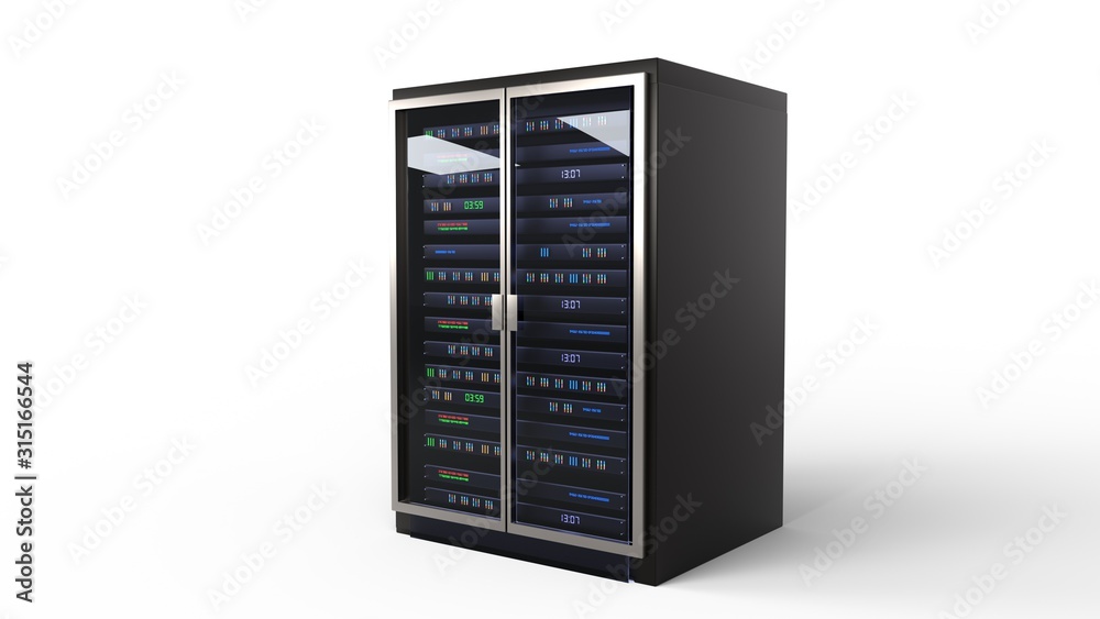 Modern server rack. Server rack image. Isolated on white background. 3d render Modern server rack. Server rack image. Isolated on white background. 3d render