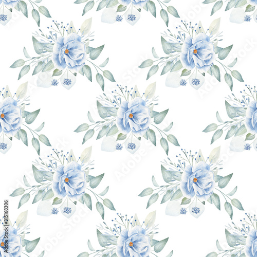 Blue flowers and plant twigs hand drawn aquarelle seamless pattern
