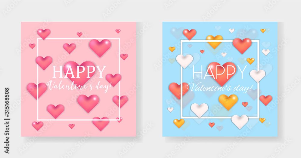 Lovely blue and pink cards collection with cherry, golden and silver 3d hearts with shadow and thin square white frame for Valentines day design. Passion background for 14 february with heart drops