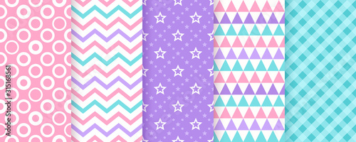 Scrapbook pattern. Seamless background. Vector. Cute textures with circles, zigzag, triangles, stars and check. Set chic wallpaper. Trendy print. Modern illustration. Color pink, blue, violet backdrop