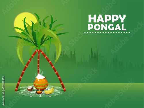illustration of Happy Pongal Holiday Harvest Festival of Tamil Nadu South India. beautiful Background and Thanking the Sun God for agricultural abundance 4 days long.