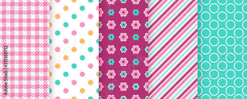 Scrapbook pattern. Seamless background. Vector. Cute textures with check, polka dots, stripes, and flower. Set chic packing paper. Trendy frame print. Modern illustration. Color backdrop.