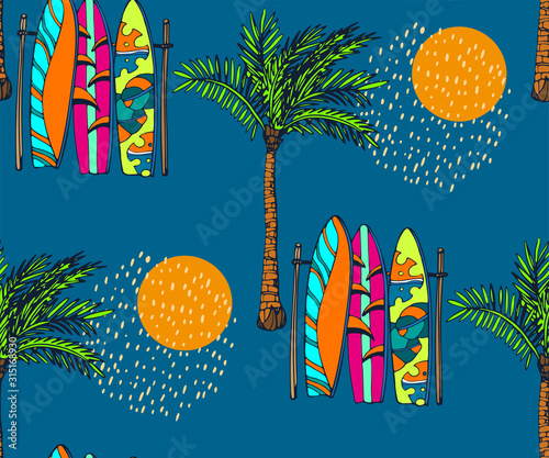 Beach pattern with surfing board. Decorative background. Vector seamless pattern illustration. Print for textile, cloth, wallpaper, scrapbooking