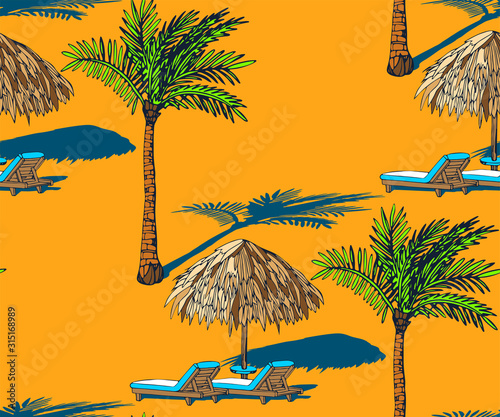 Beach pattern with palms. Decorative background. Vector seamless pattern illustration. Print for textile, cloth, wallpaper, scrapbooking