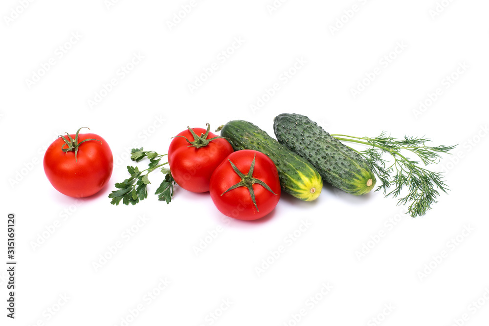 Tomato with cucumber on white background with clipping path. Ripe vegetables isolated on white background. Tomatoes, cucumber on isolated on white background.. Tomato with cucumber on white background with clipping path. Ripe vegetables isolated on white background. Tomatoes, cucumber on isolated on white background..