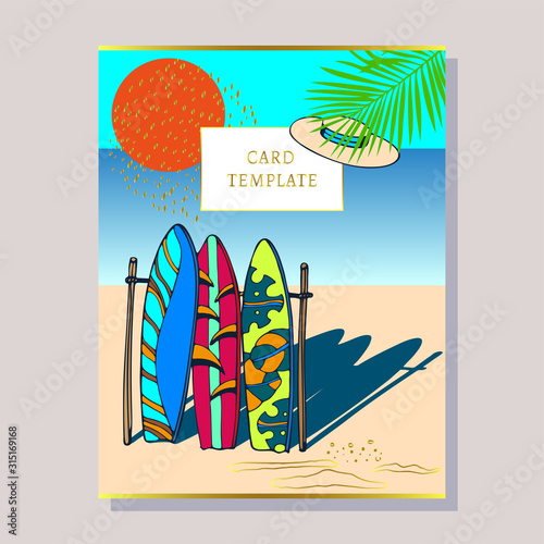 invitation card Beach pattern with surfing board. Decorative background. Vector illustration.