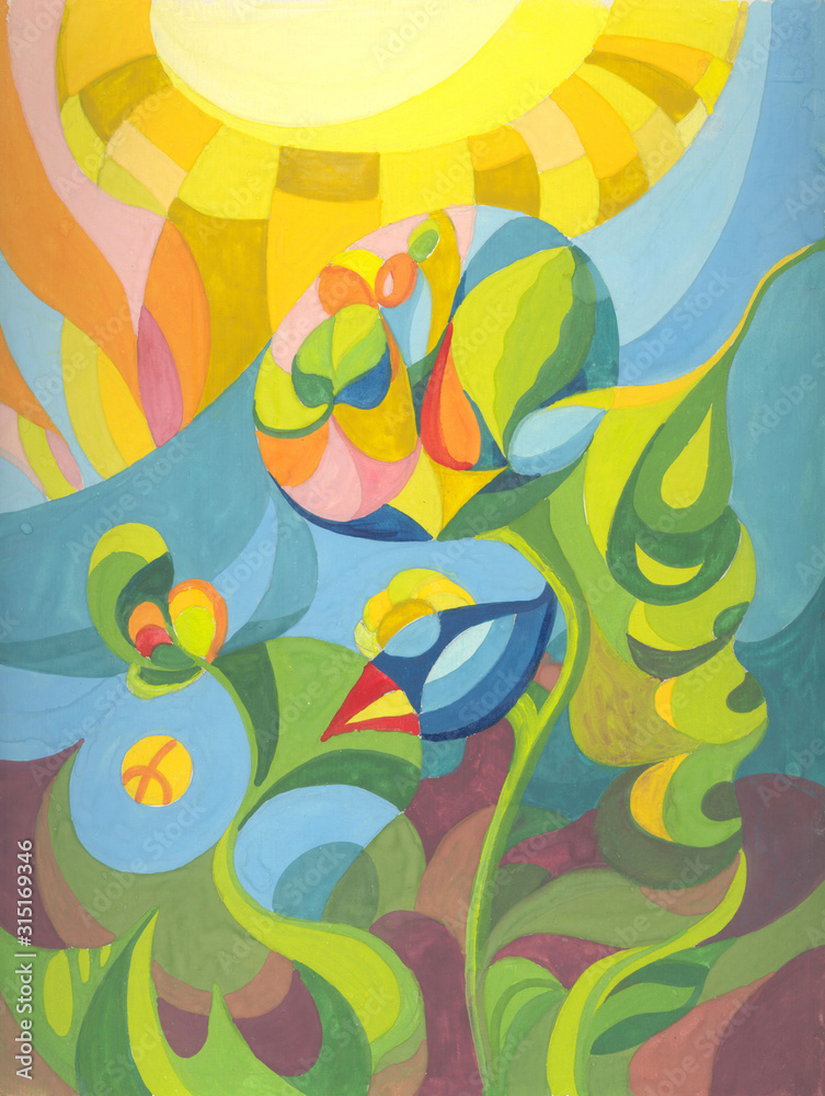 Naklejka premium Abstract composition, painted in watercolor.Green sprouts under the bright sun. Picturesque background for your design. Yellow sun, green plants, and brown earth.