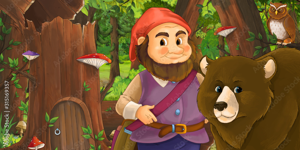 cartoon scene with happy dwarf in the forest near some house in the old tree and near some owls birds - illustration for children cartoon scene with happy dwarf in the forest near some house in the old tree and near some owls birds - illustration for children