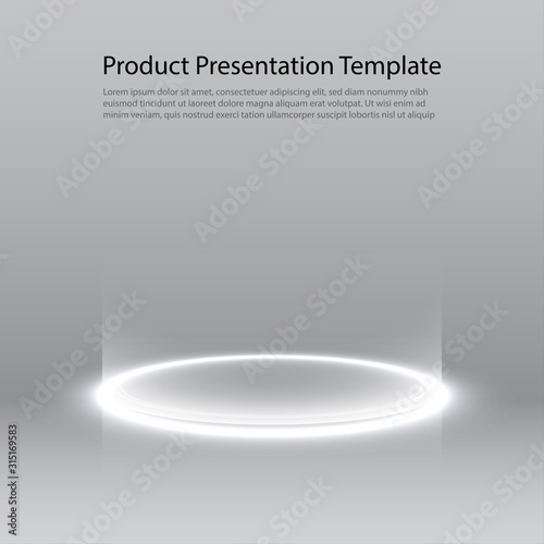 Neon pedestal. White glowing ring on glossy floor. Abstract hi-tech background for display product. Vector template.